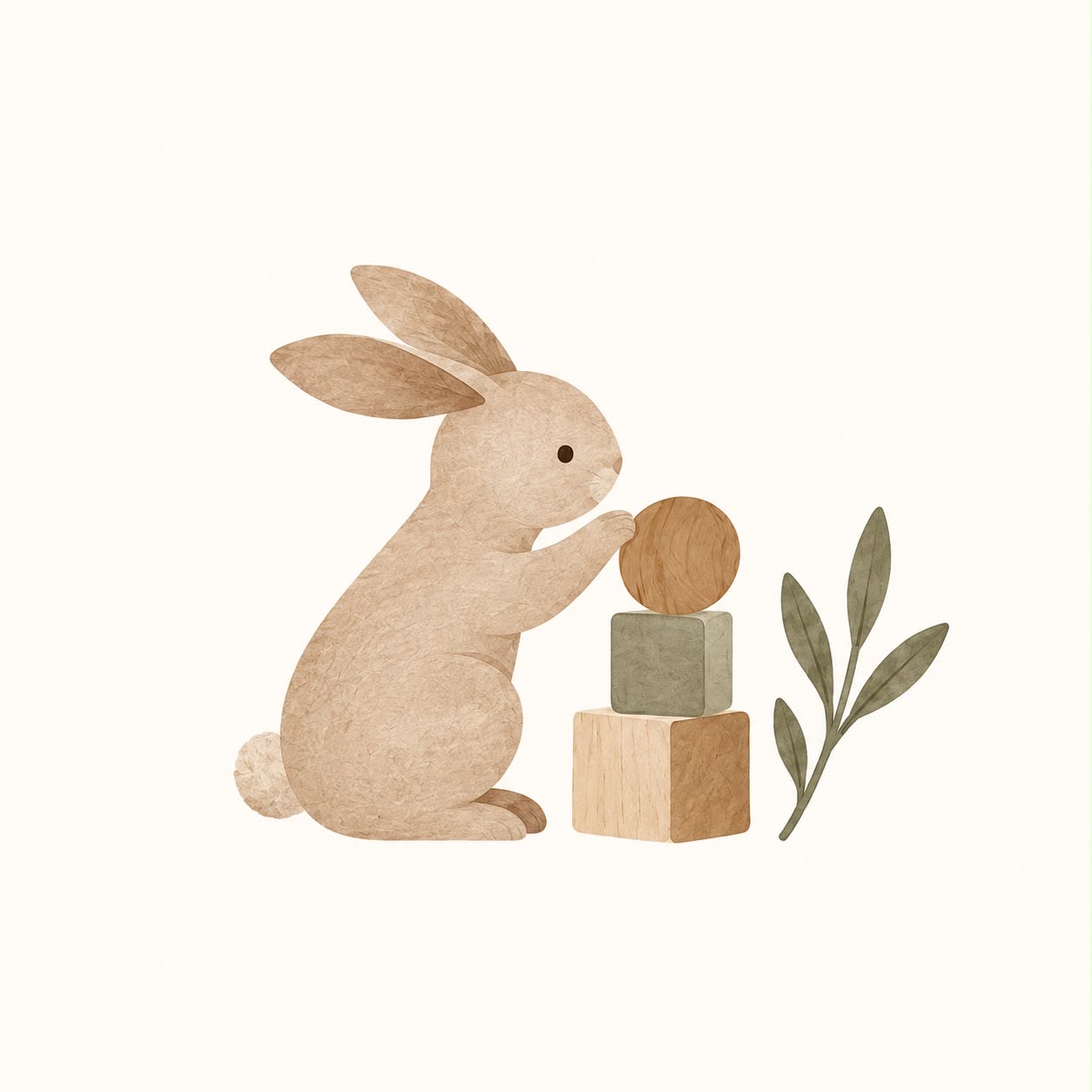Curio, the Little Curio bunny, arranging wooden blocks