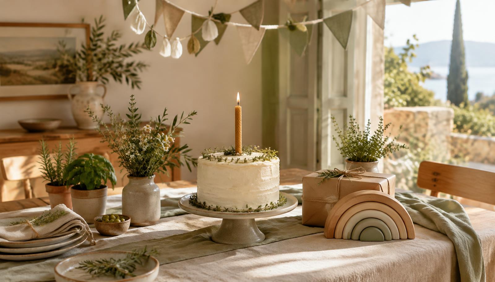 A simple first birthday cake with one candle, herbs and a wooden rainbow gift