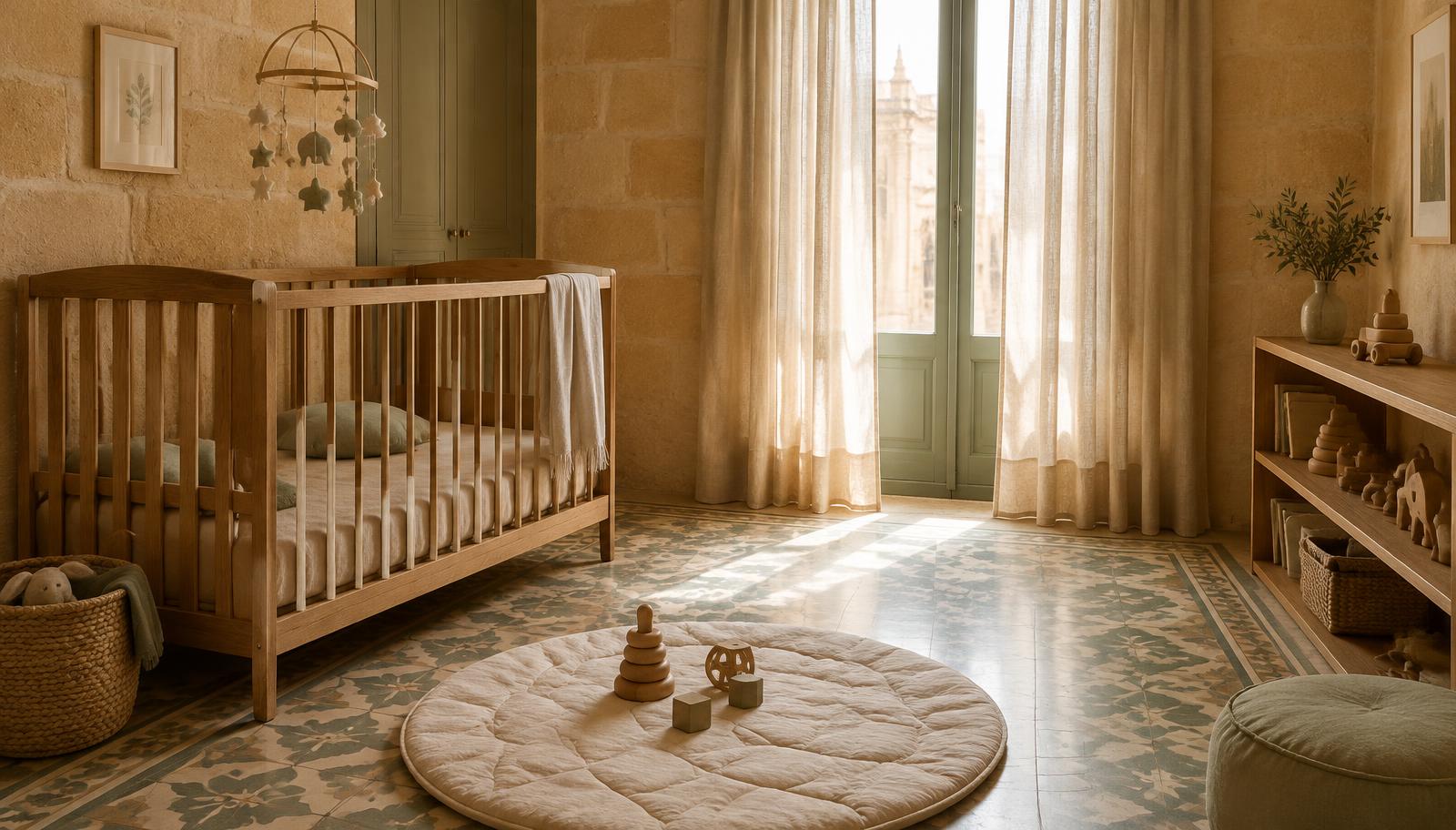 A calm nursery in a Maltese limestone townhouse with a wooden cot and play mat