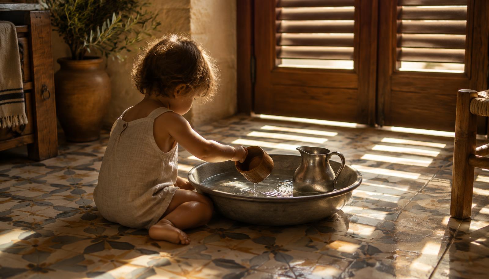 A toddler pouring water in a basin on cool tiles beside wooden shutters