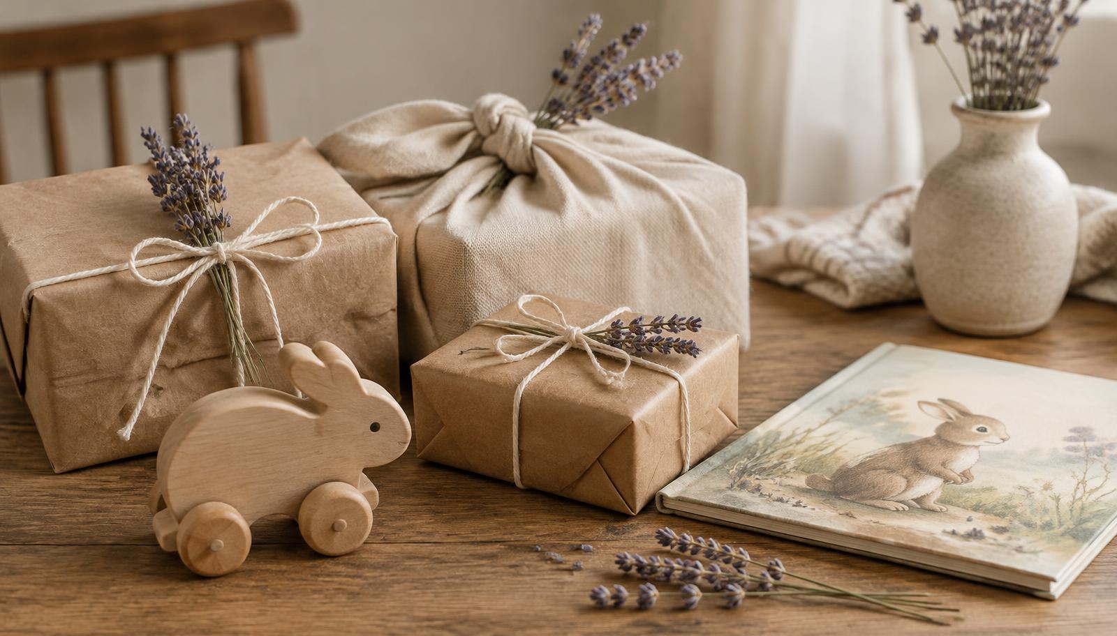 Gifts wrapped in kraft paper and fabric with lavender and a wooden bunny