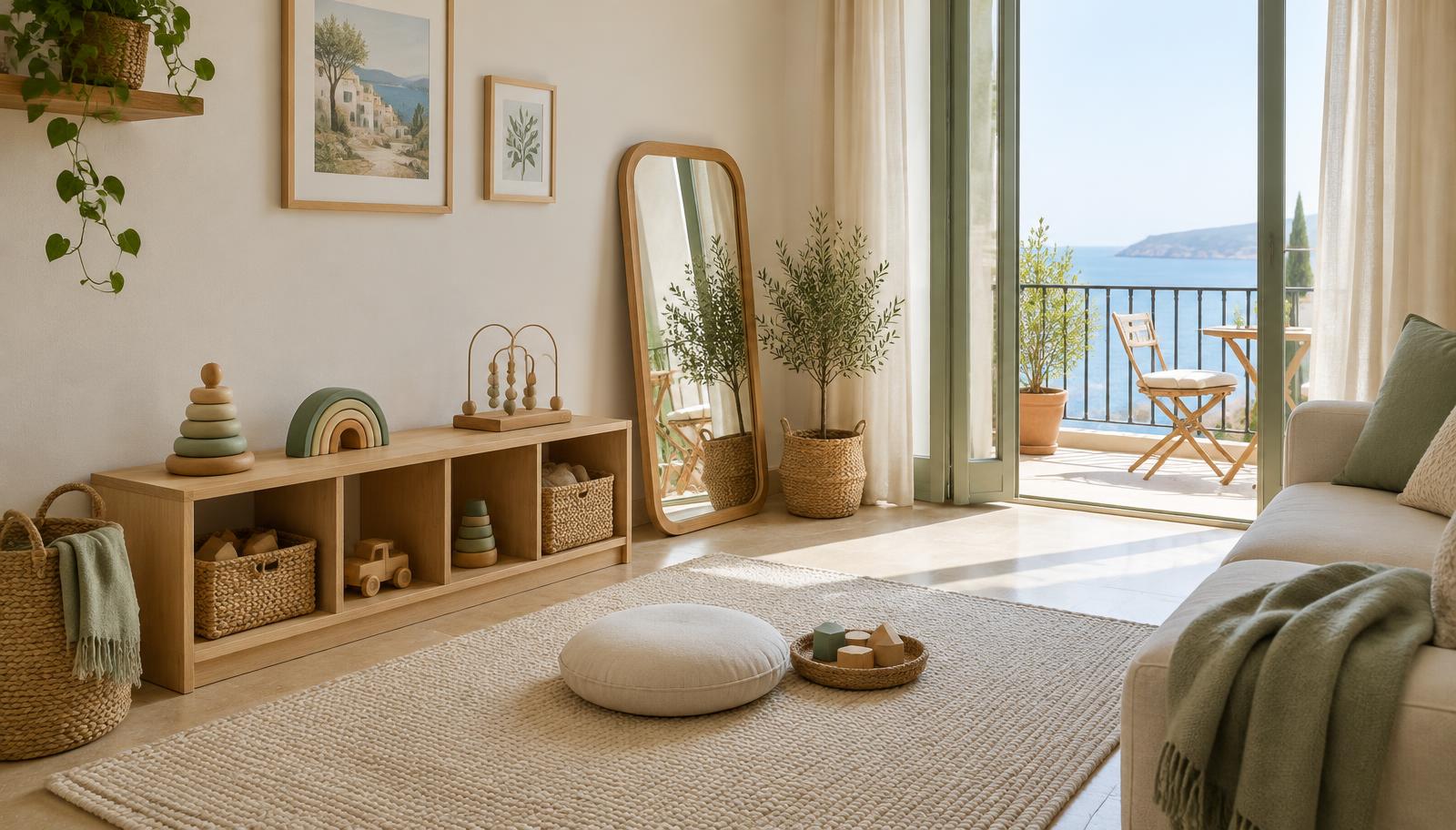 A Montessori play corner in a bright apartment with a sea-view balcony