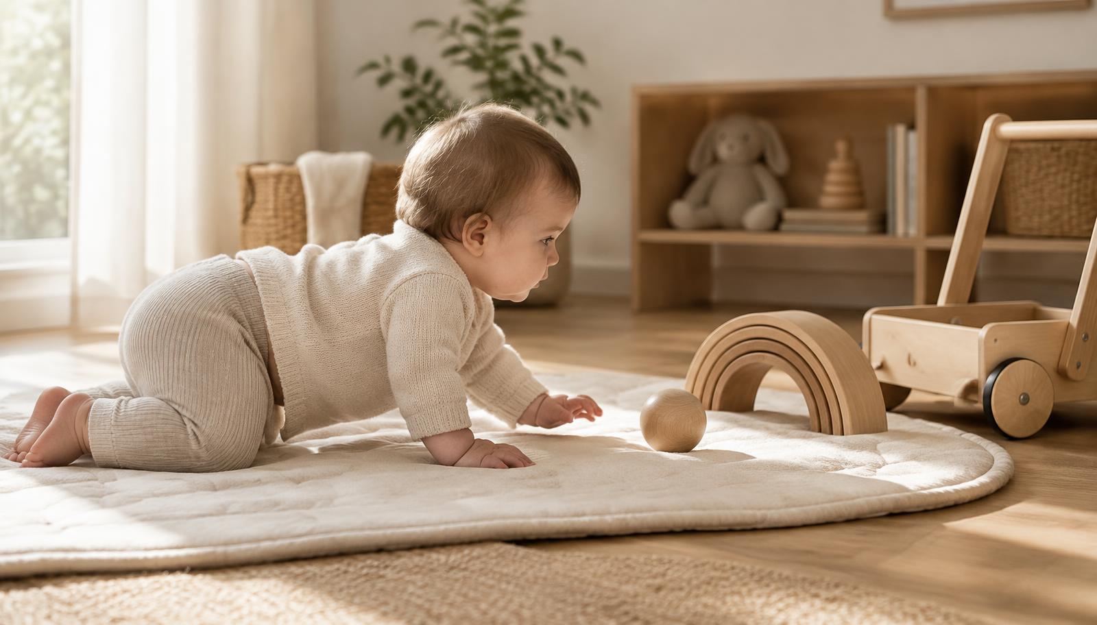 A baby crawling towards a wooden ball, arch and push walker