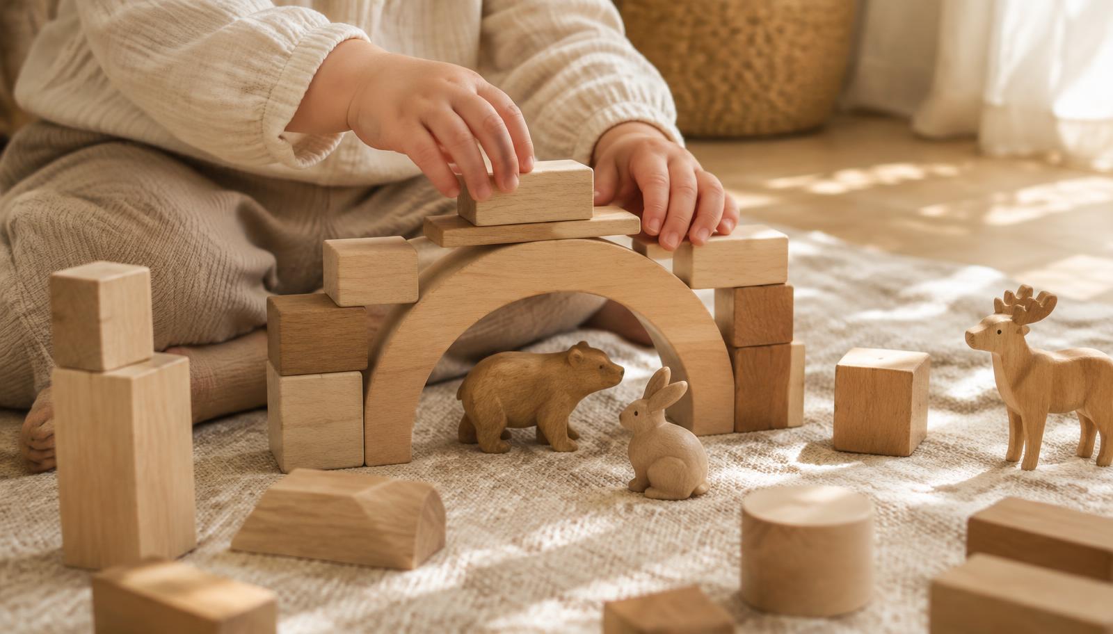 Small hands building a bridge from wooden blocks over carved animals
