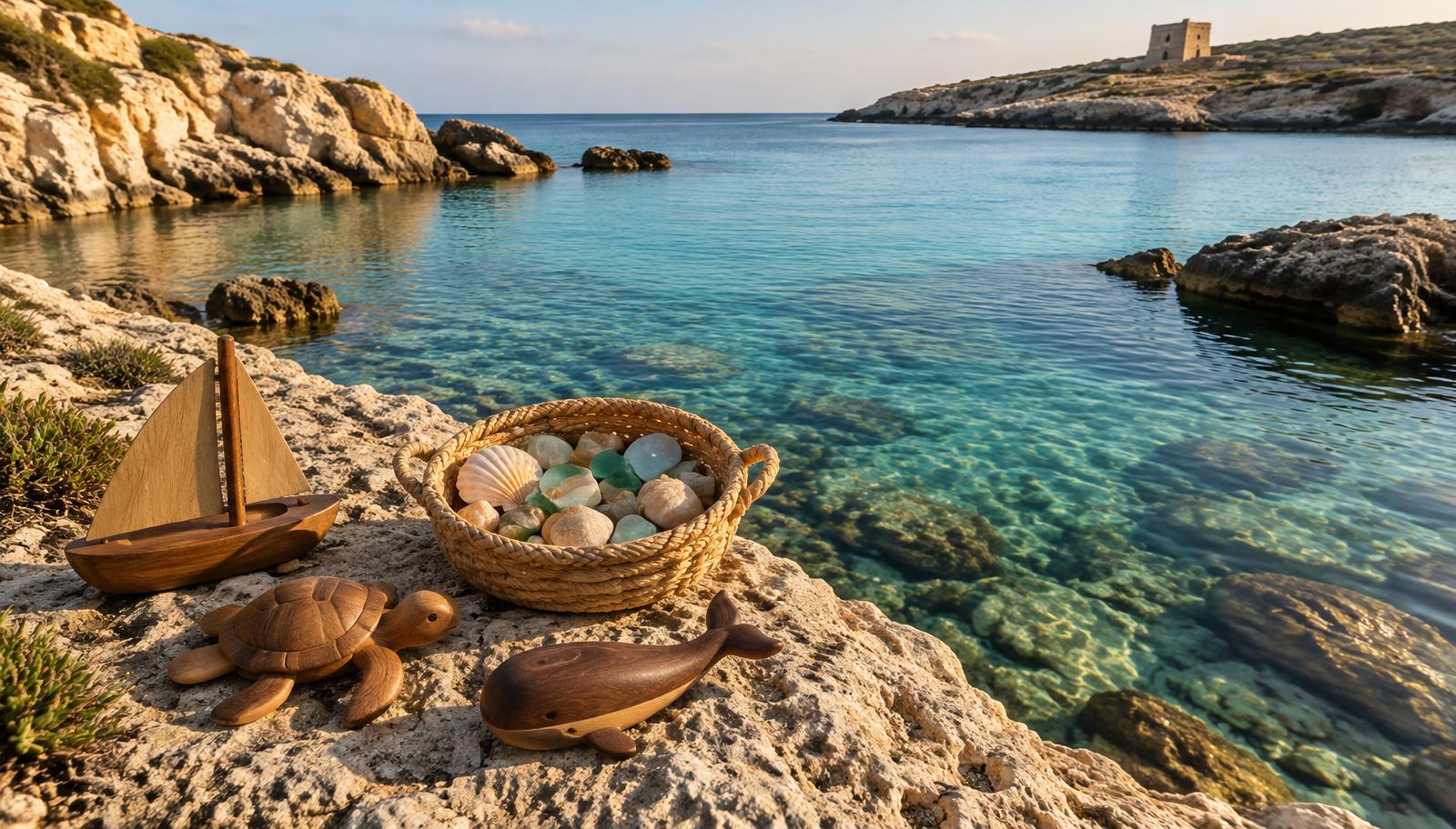 Wooden toys and a basket of shells on the rocks of a clear Maltese bay