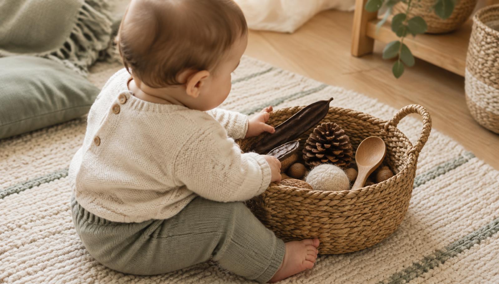 A baby exploring a woven treasure basket of pine cones, carob pods and wool